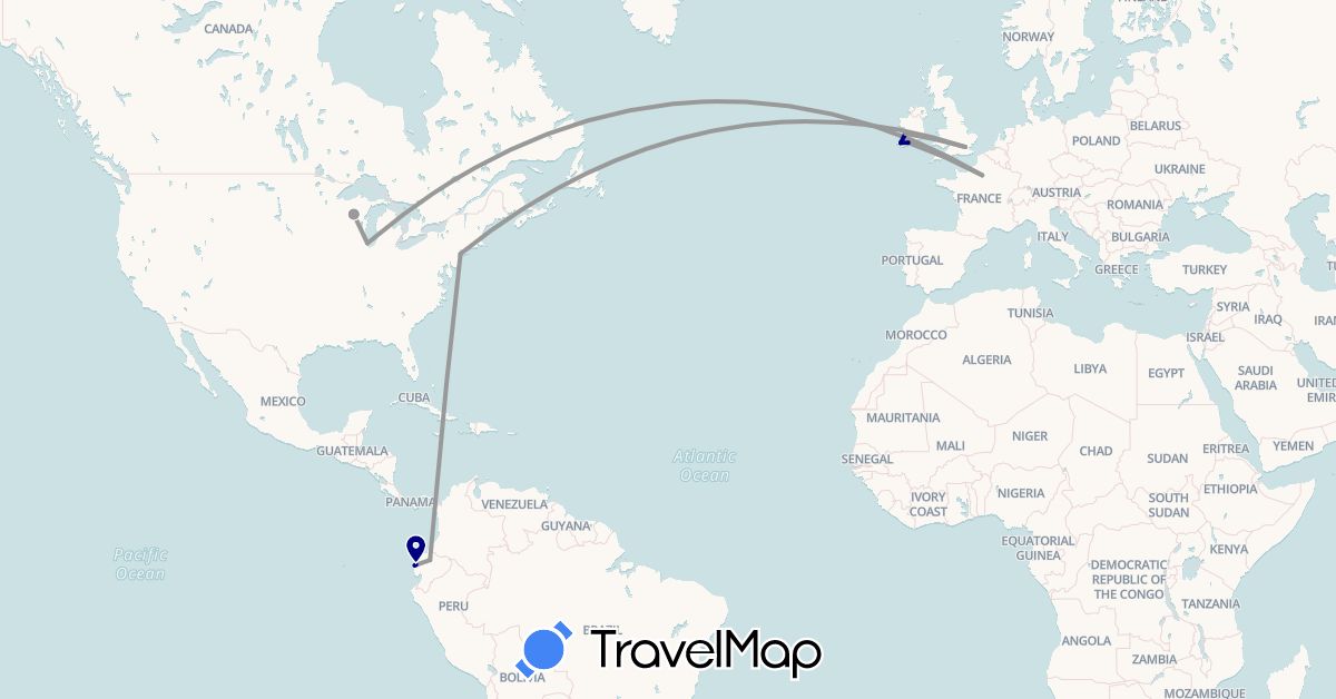 TravelMap itinerary: driving, plane in Ecuador, France, United Kingdom, Ireland, United States (Europe, North America, South America)